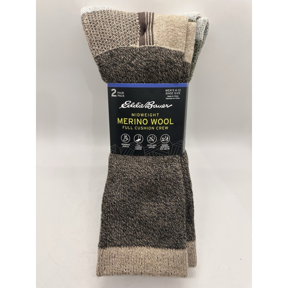 Eddie Bauer Merino Wool Crew Socks 2 Pair Pack Mens 6-12 Midweight